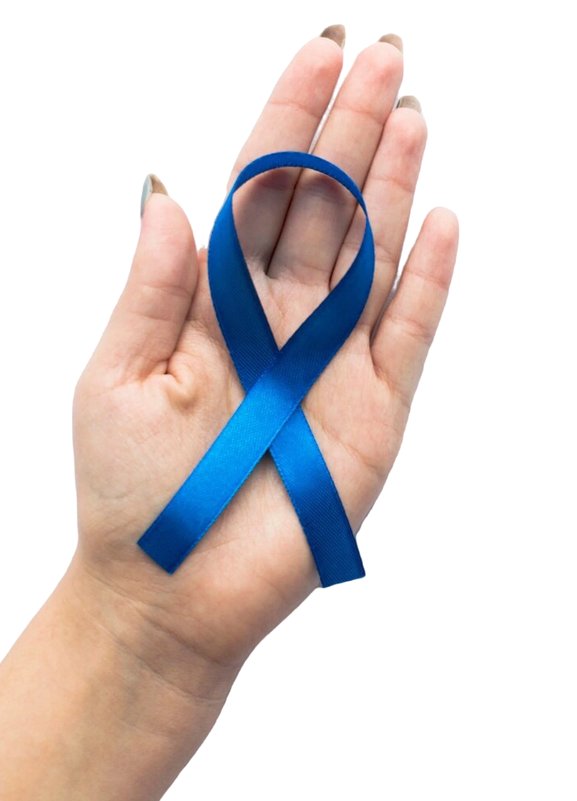 A hand holding a blue ribbon, representing Colon Cancer Awareness.